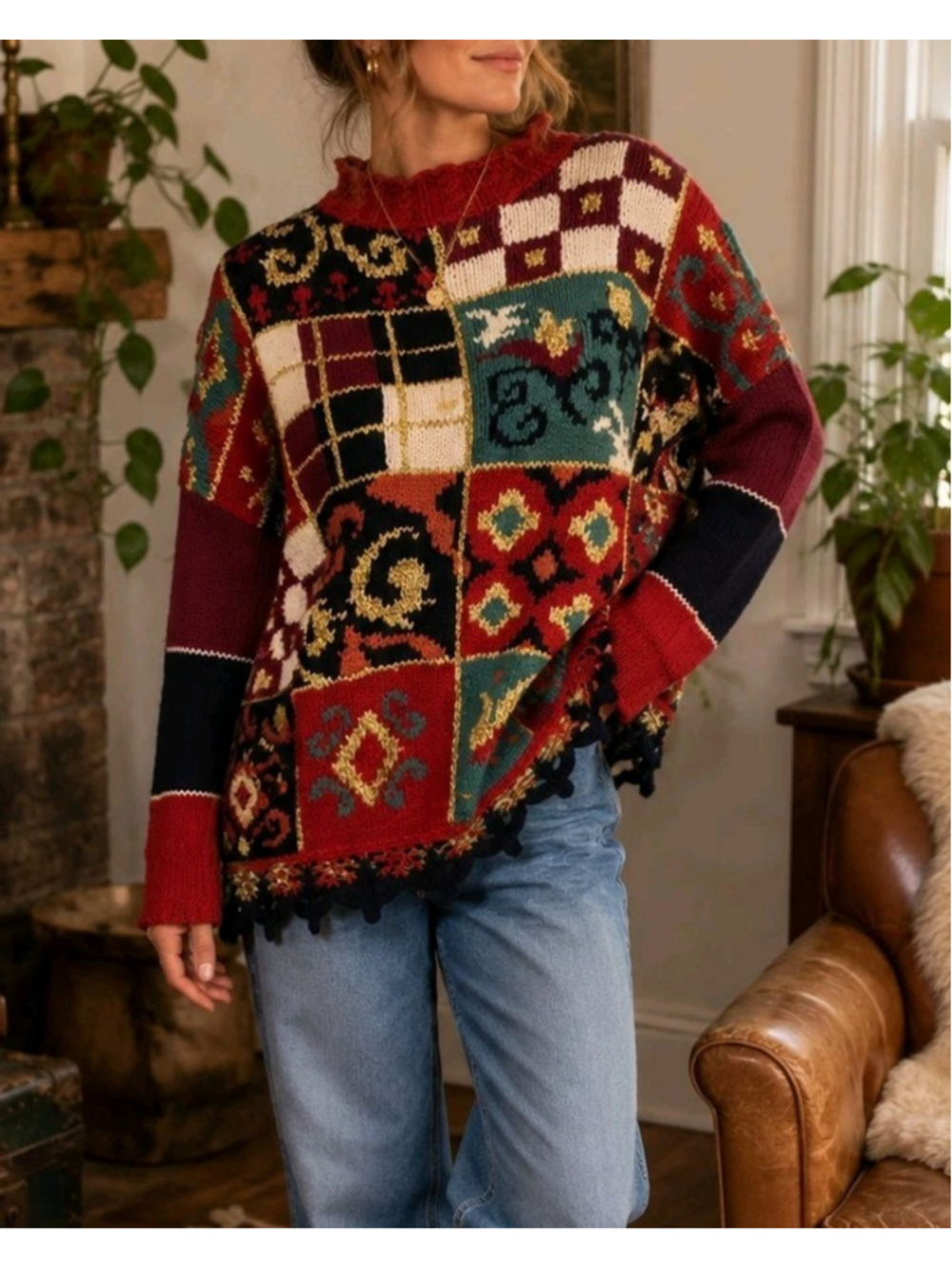 VTG Carolina Colours Sweater 90s Coogi Style Metallic Patchwork 49" Chest BF XL